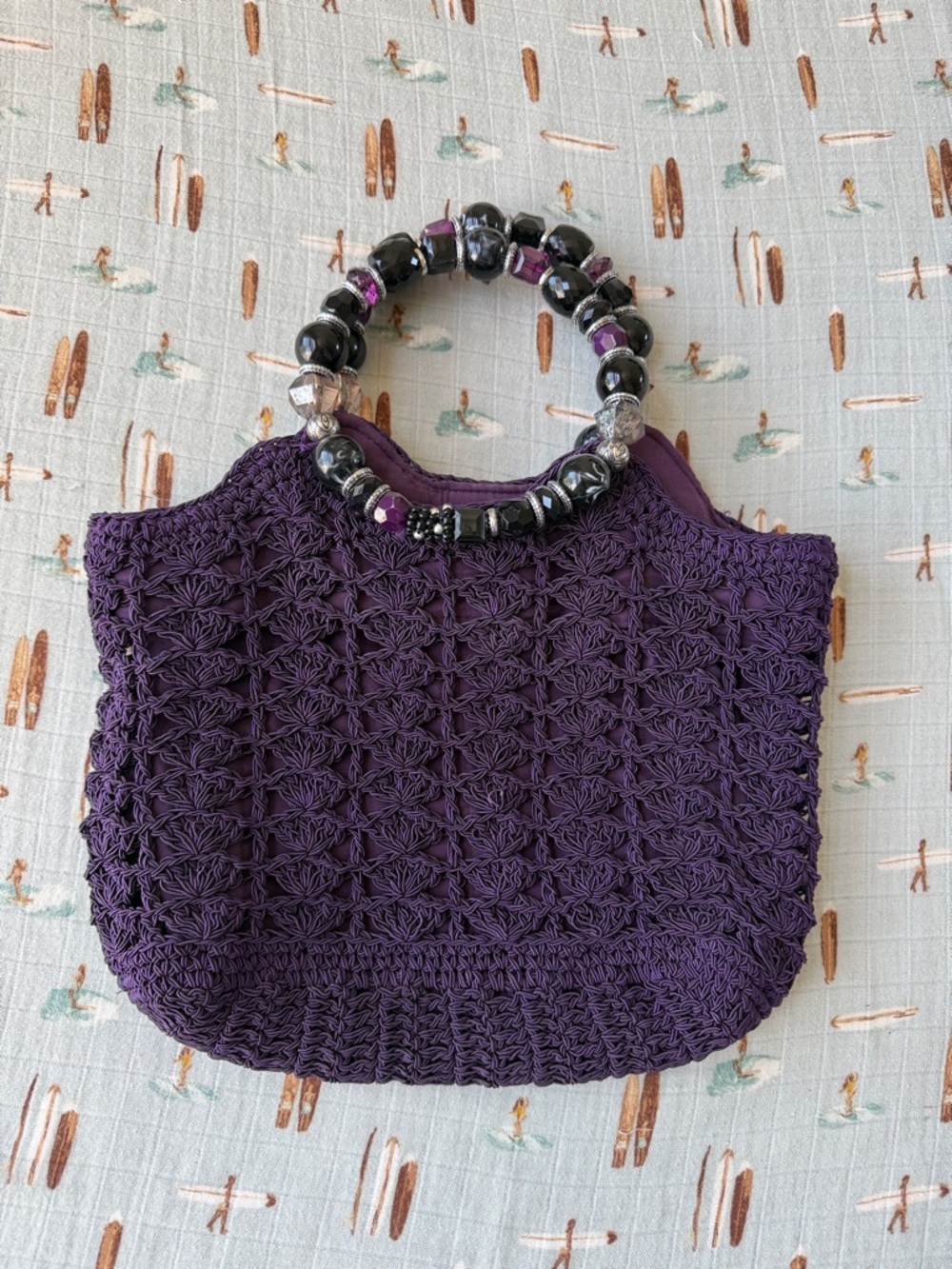 Cappelli Straworld Purple Beaded Handle Crochet Handbag